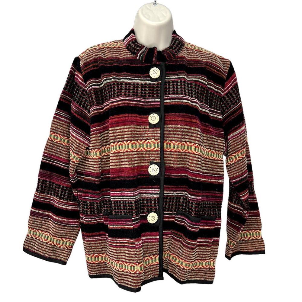 Vintage Flashback 90s Womens M Boho Tapestry Button Jacket Black Stripe Western